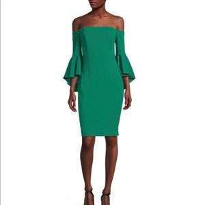 Calvin Klein Green Cocktail Dress Sz 10 Off-the-Shoulder 3/4 Sleeves Midi